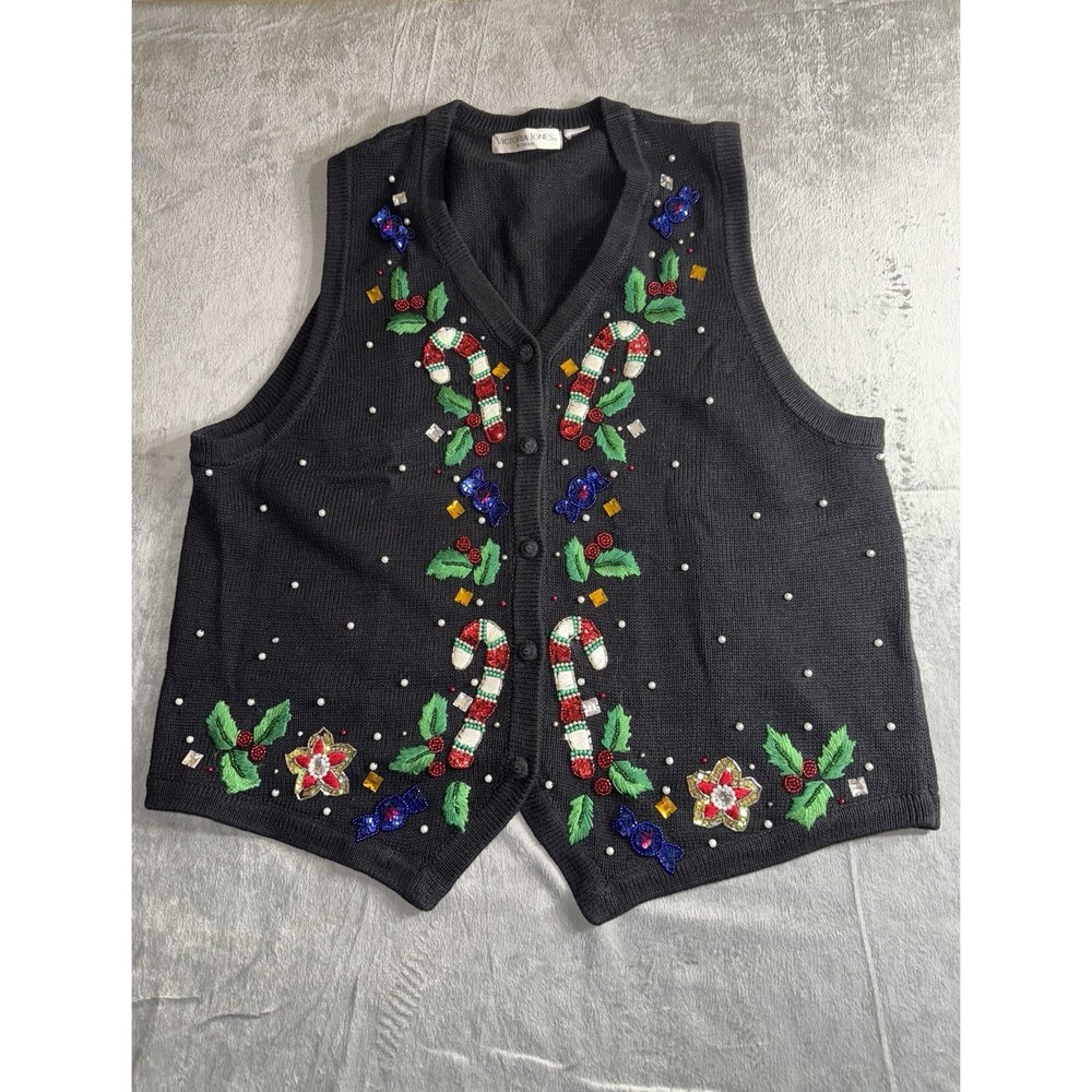 Victoria Jones Black Christmas Sweater Vest Candy Canes Beaded Size XL